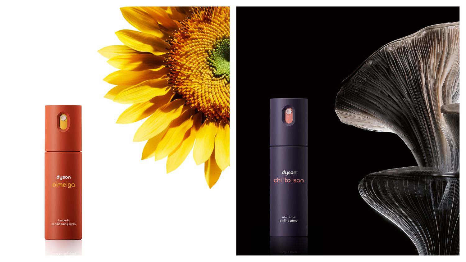 Dyson Omega leave-in conditioning spray with a sunflower and Chitosan Multi-use styling spray with oyster mushrooms.