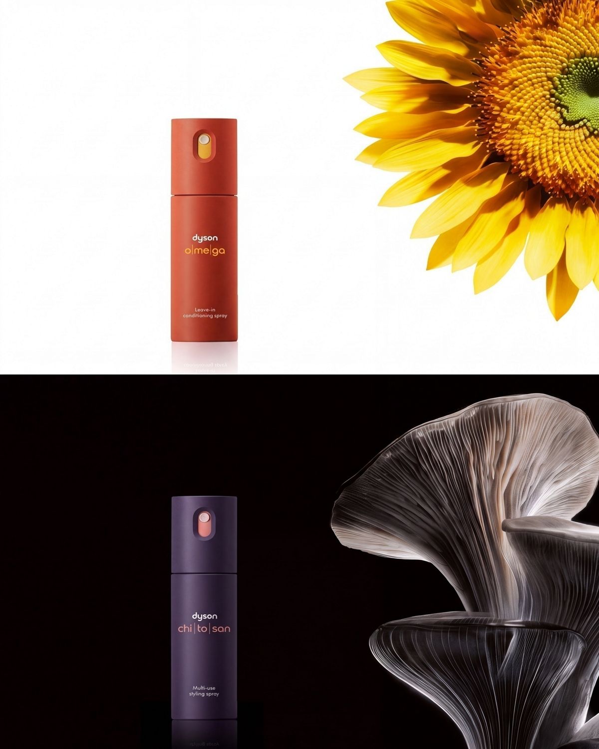 Dyson Omega leave-in conditioning spray with a sunflower and Chitosan Multi-use styling spray with oyster mushrooms.