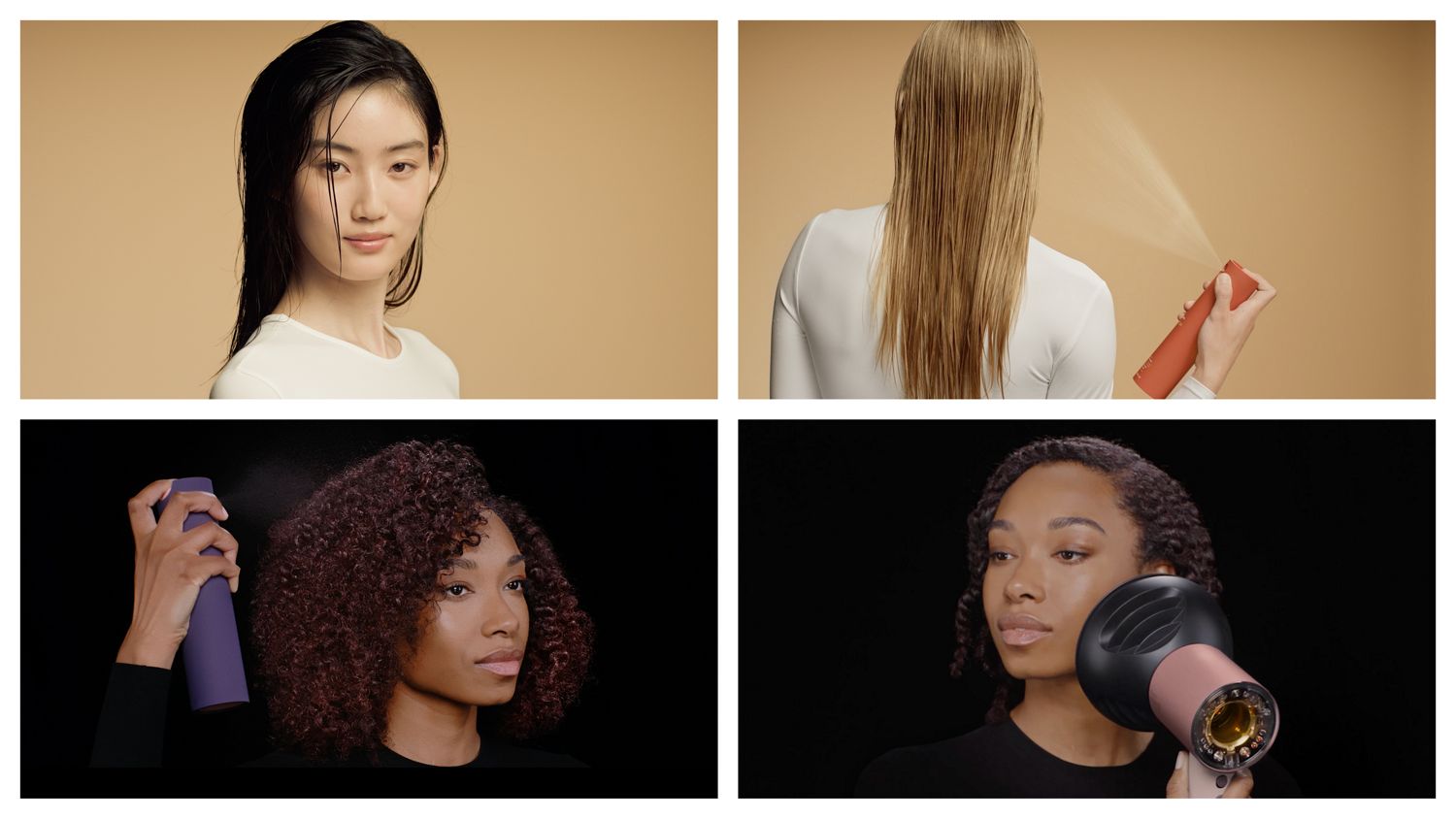 Models with different hair types apply Dyson Omega leave-in conditioning spray and Chitosan Multi-use styling spray.