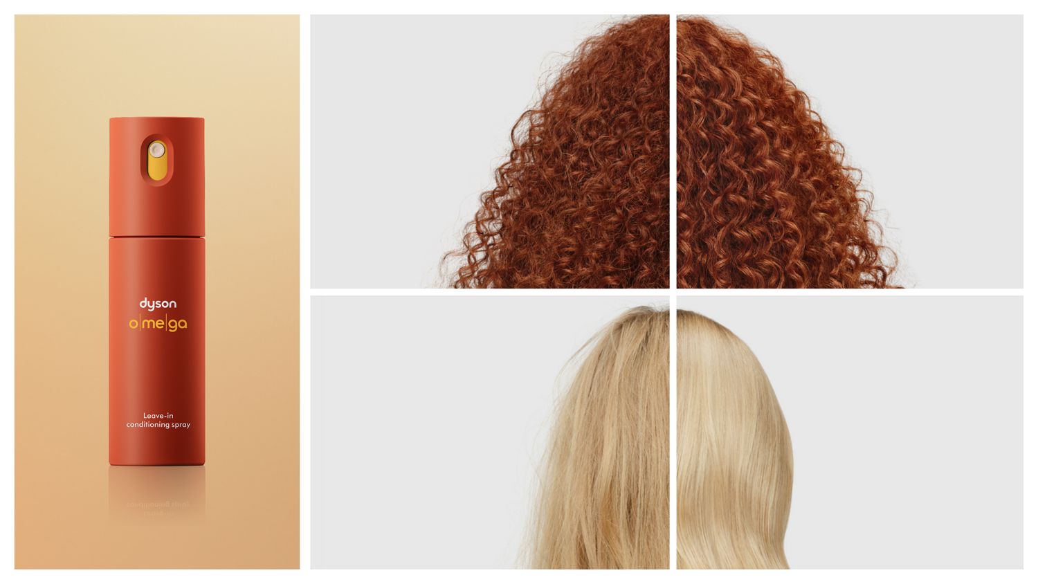 Dyson Omega leave-in conditioning spray with before and afters of curly and wavy hair types.