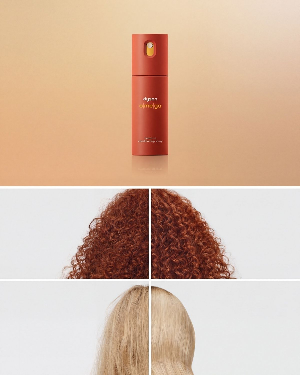 Dyson Omega leave-in conditioning spray with before and afters of curly and wavy hair types.