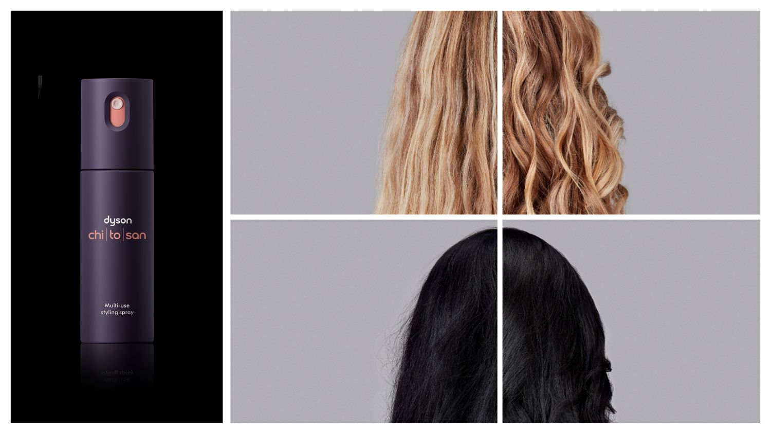 Dyson Chitosan Multi-use styling spray with before and afters of curly and wavy hair types.