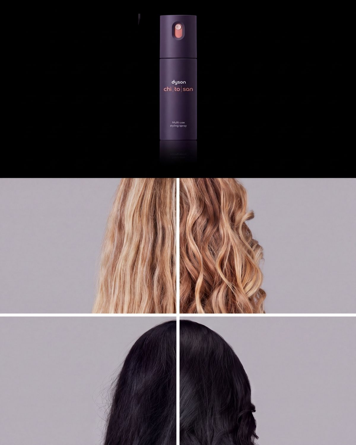 Dyson Chitosan Multi-use styling spray with before and afters of curly and wavy hair types.
