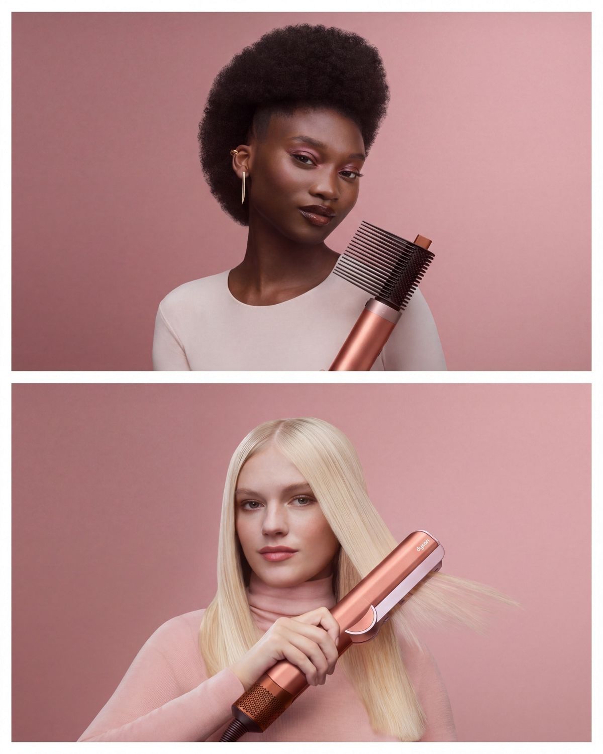 A range of models with different hair types nourished and styled with Dyson Beauty products.