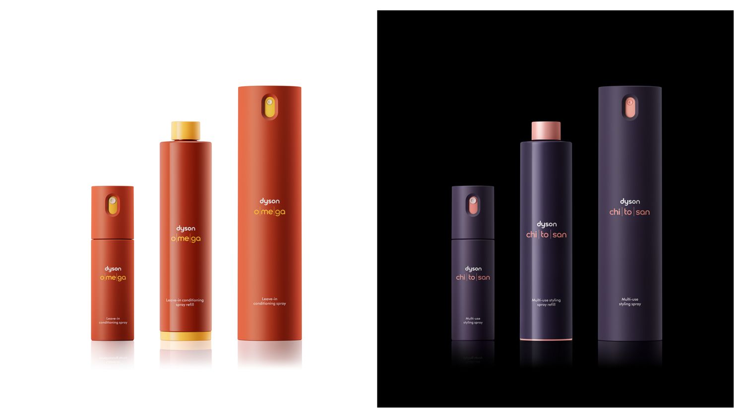 Dyson Omega leave-in conditioning spray and Chitosan Multi-use styling spray in full-size, mini, and refill sizings.