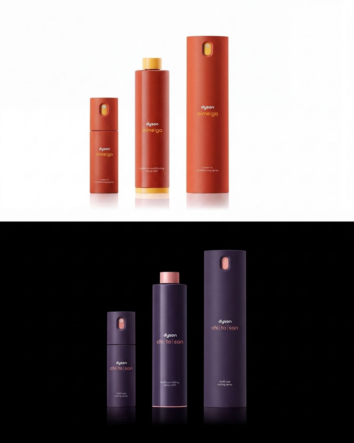 Dyson Omega leave-in conditioning spray and Chitosan Multi-use styling spray in full-size, mini, and refill sizings.