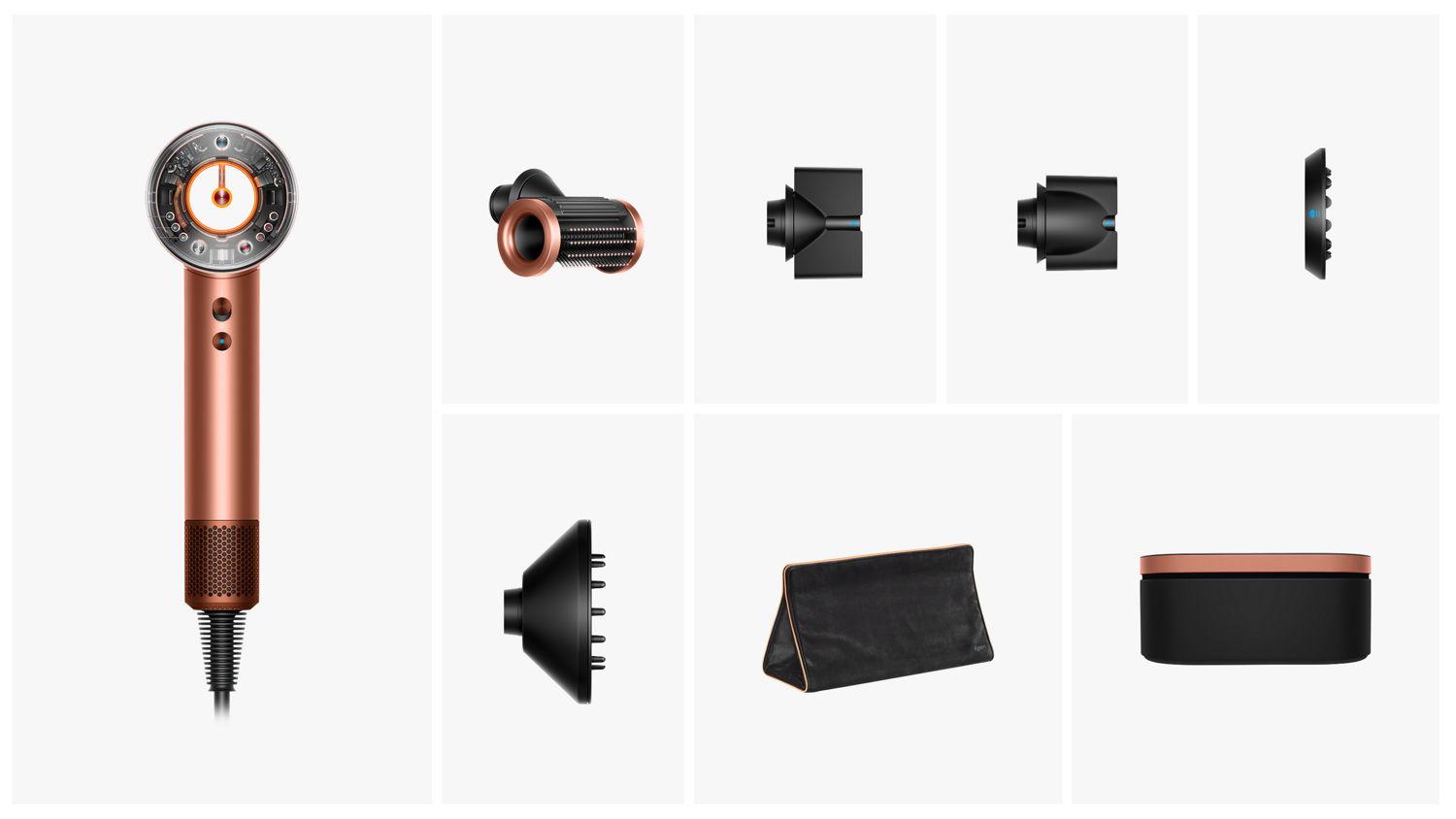 Dyson Supersonic Nural hair dryer with various attachments and case