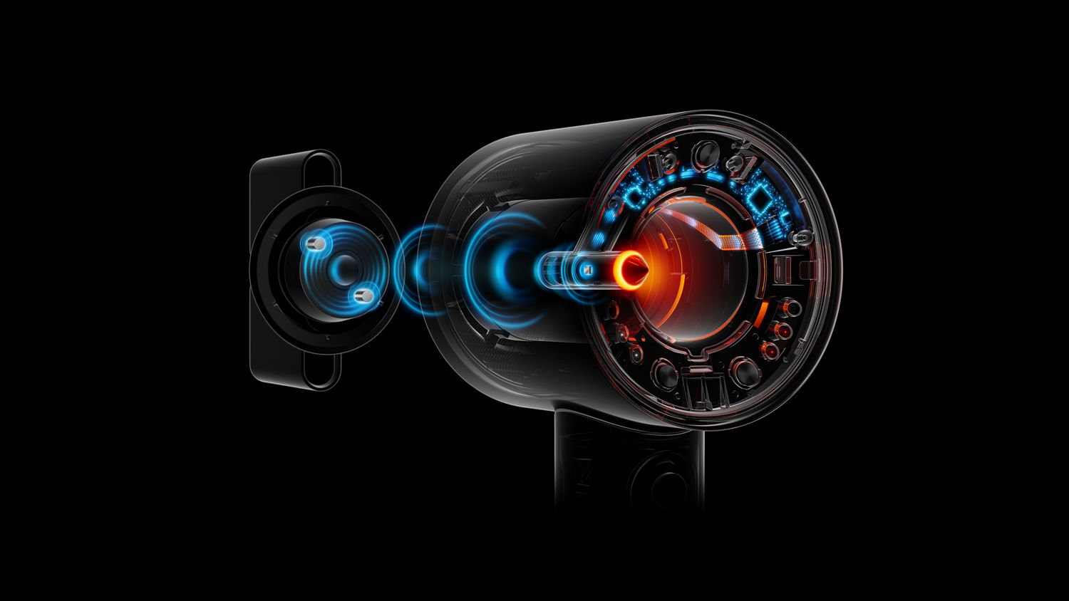 Dyson Supersonic Nural hair dryer's internal technology with glowing components