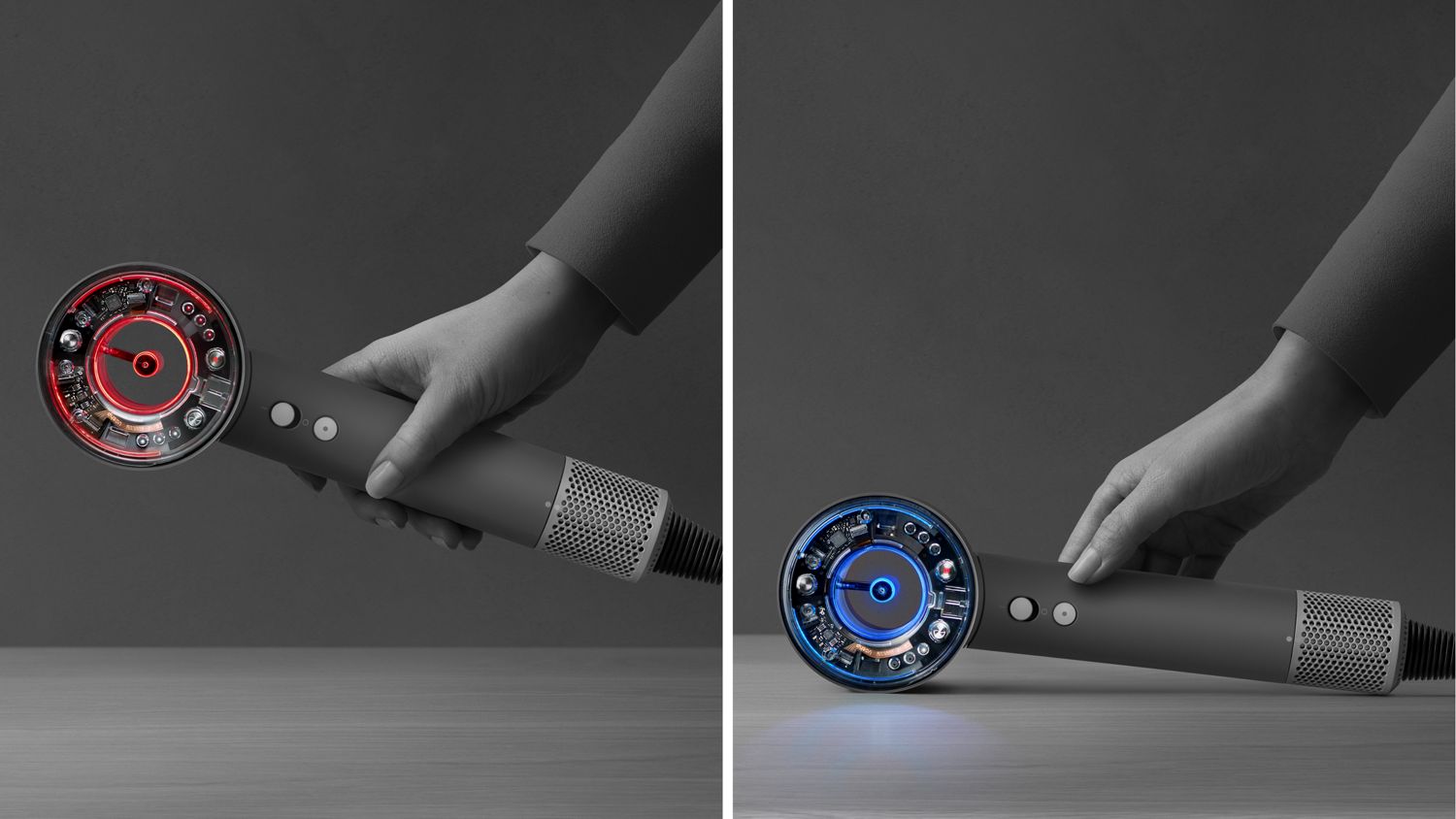 Dyson Supersonic Nural hair dryer in action, showing red and blue internal light changes.