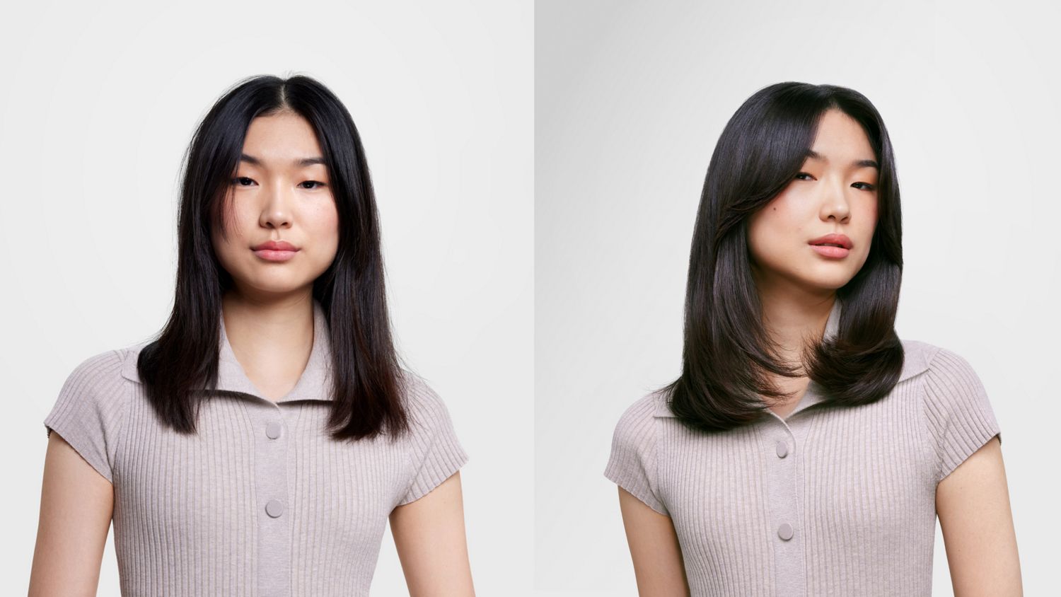 A model with curly hair shown before and after using the Dyson Supersonic Nural with Chitosan range and wave + curl diffuser.