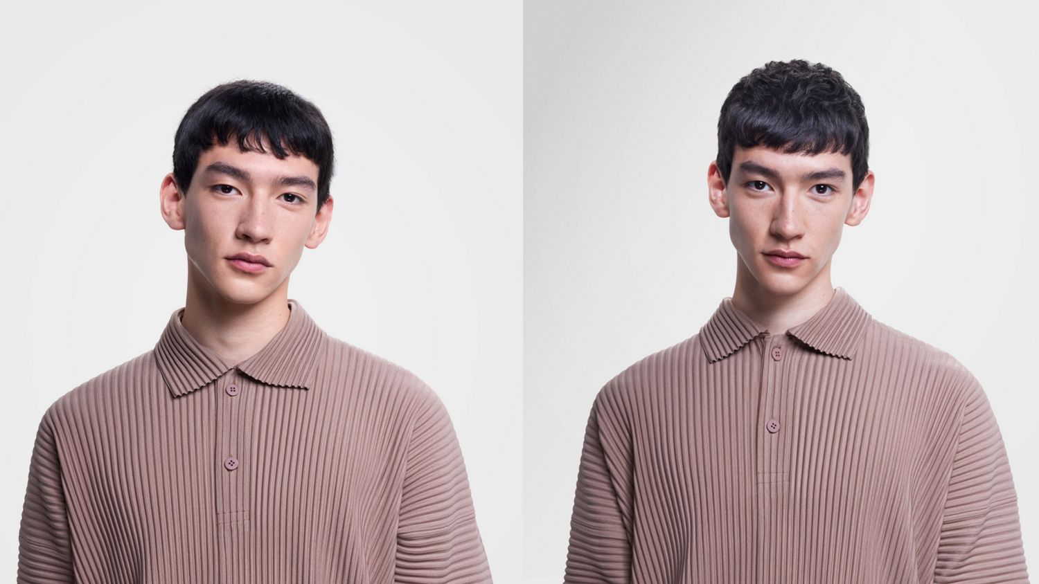 A model with short dark hair shown before and after using the Dyson Supersonic Nural, Chitosan range and diffuser.