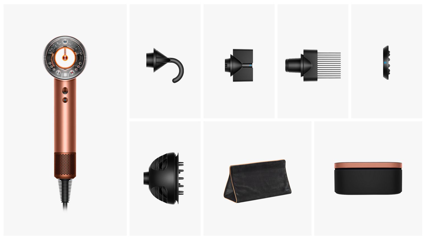 Sèche-cheveux Dyson Supersonic Nural avec divers accessoires et son boîtier