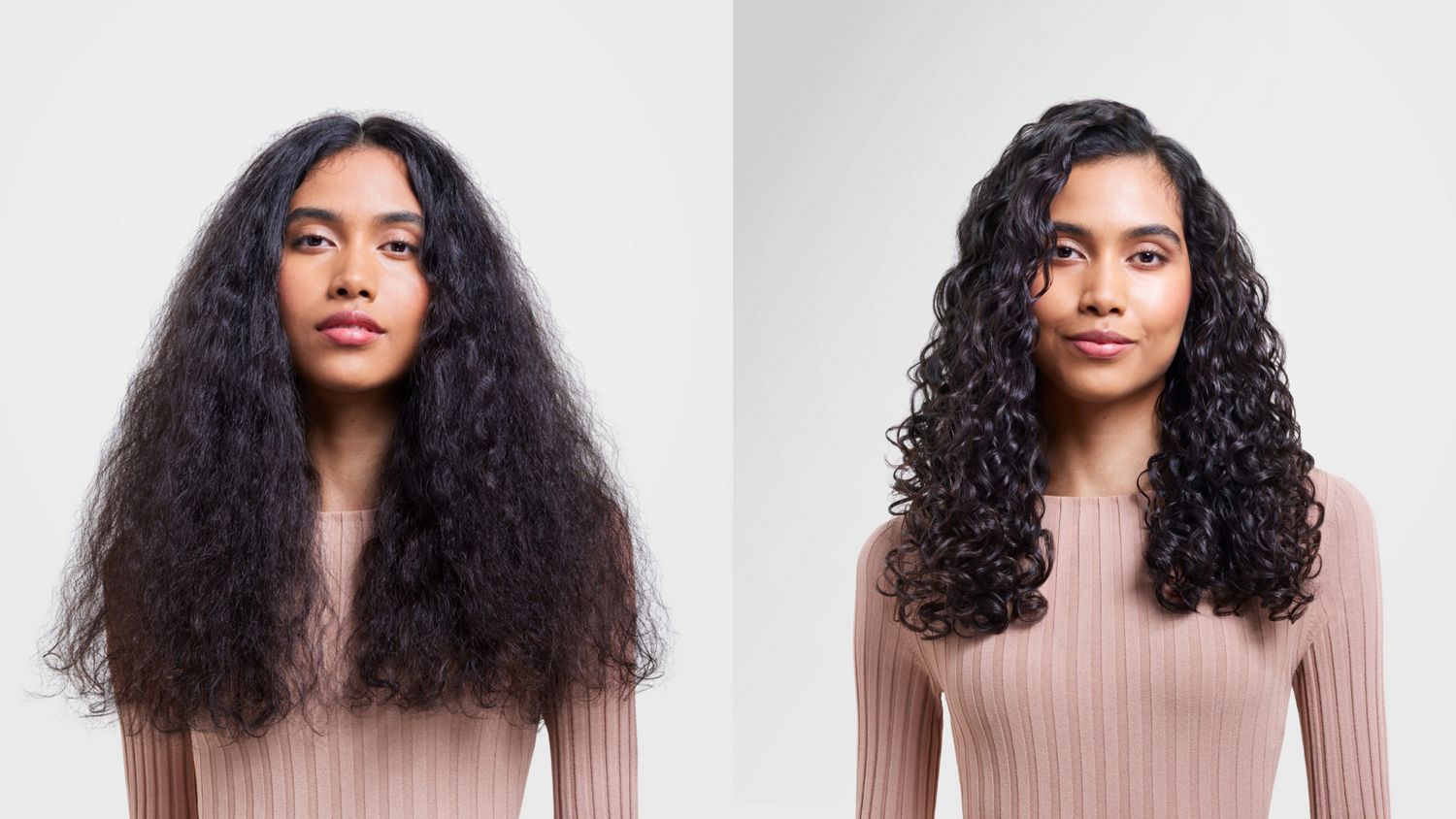 A model with curly hair shown before and after using the Dyson Supersonic Nural with Chitosan range and wave + curl diffuser.