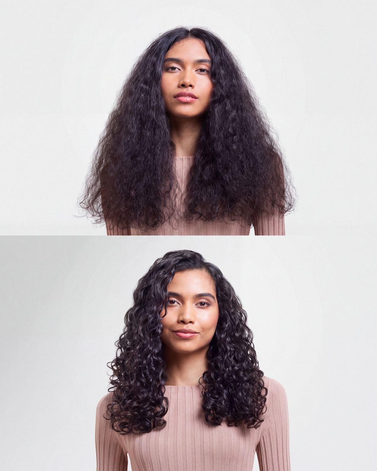 A model with curly hair shown before and after using the Dyson Supersonic Nural with Chitosan range and wave + curl diffuser.