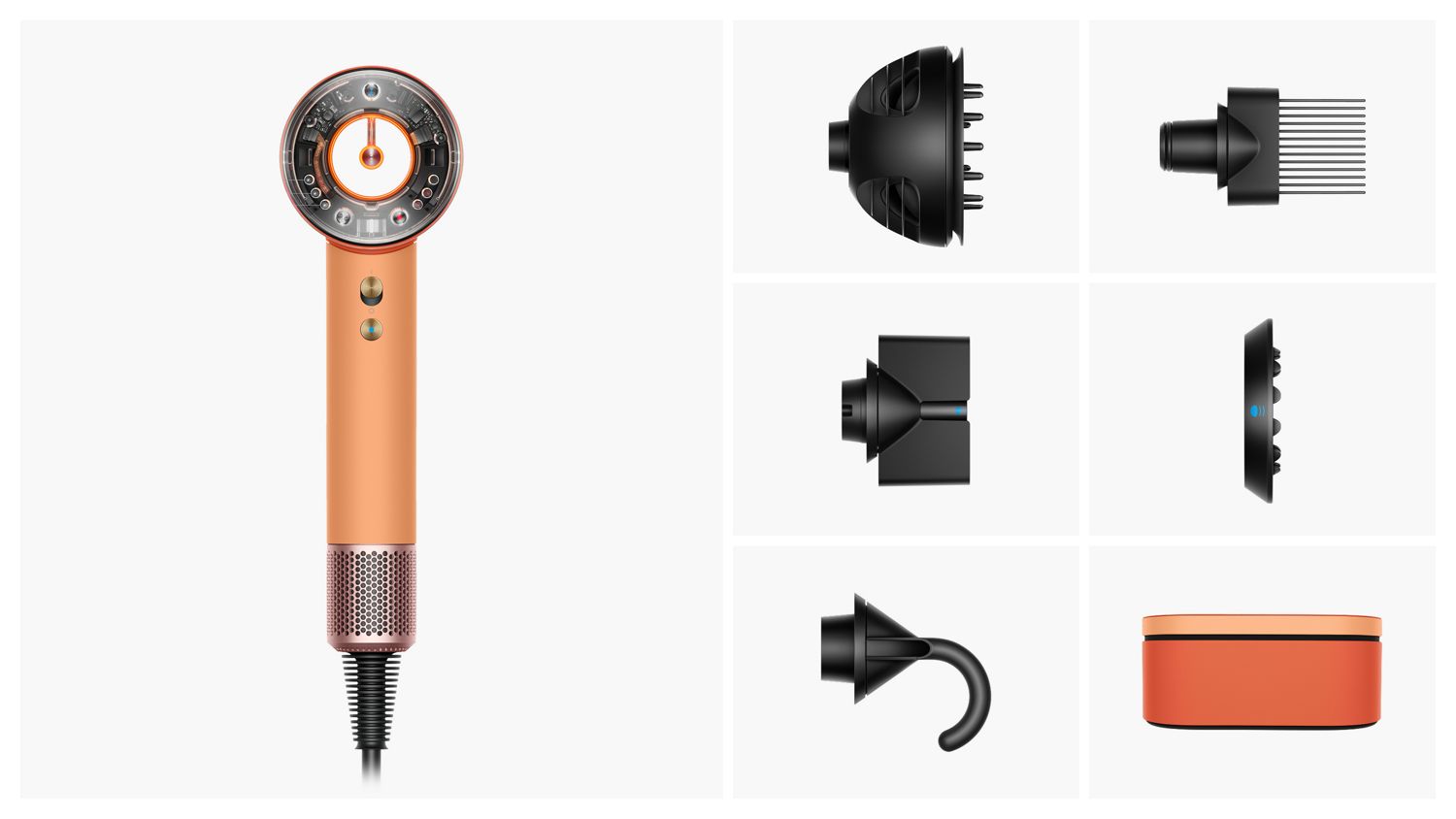 Supersonic Nural hair dryer with included attachments.