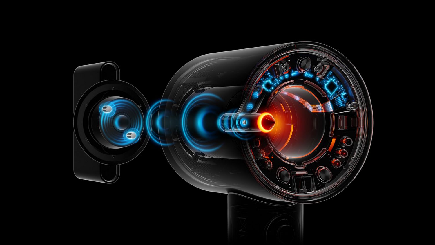 Cutaway showing the technology inside the Dyson Supersonic Nural hair dryer.