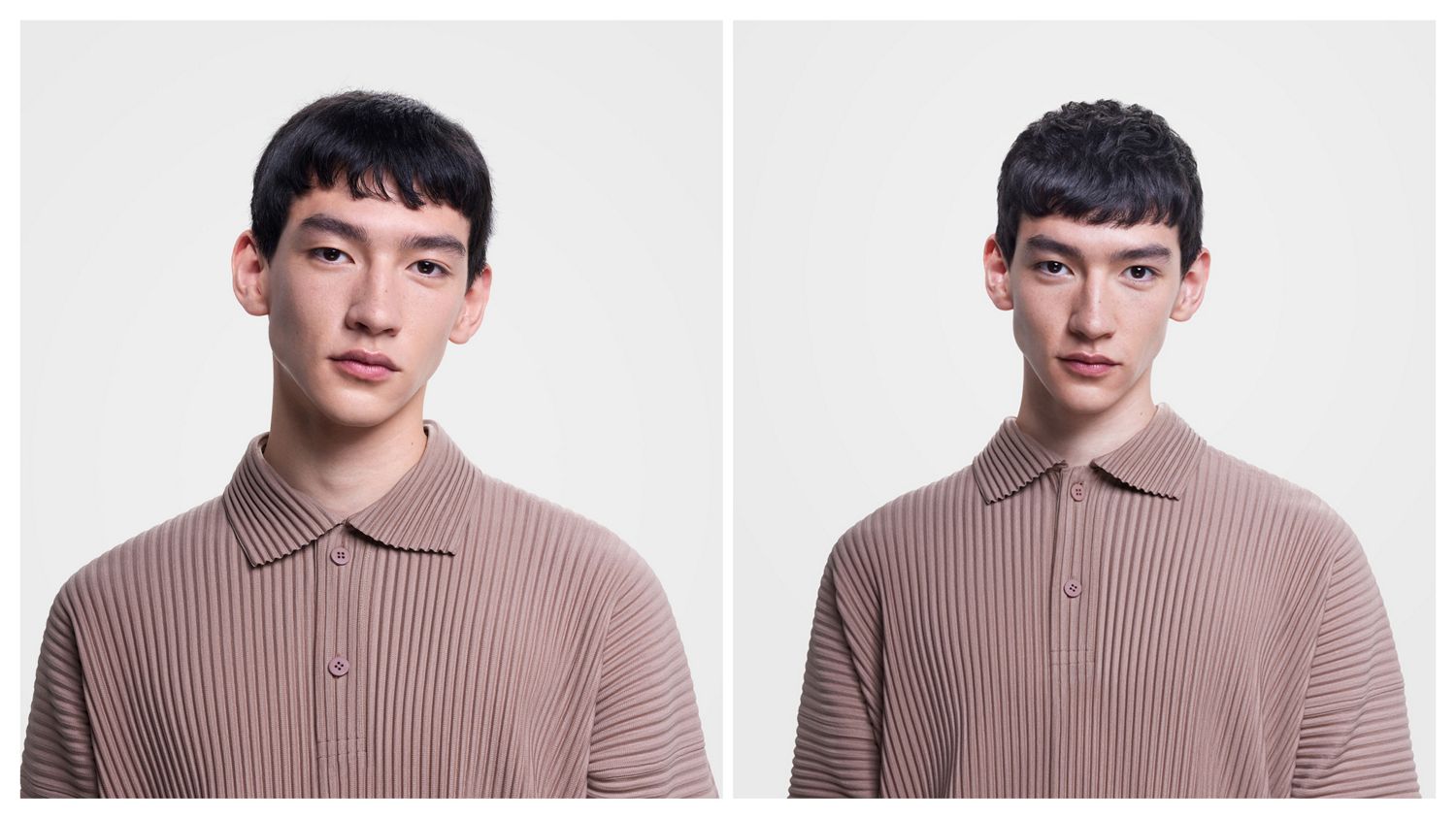 Before and after of a male model with their hair styled using the Dyson Supersonic Nural hair dryer.