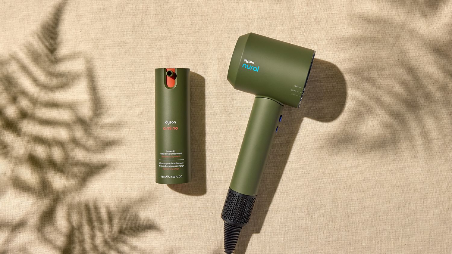 Dyson Supersonic Nural hair dryer and Amino leave-in scalp bubble treatment.