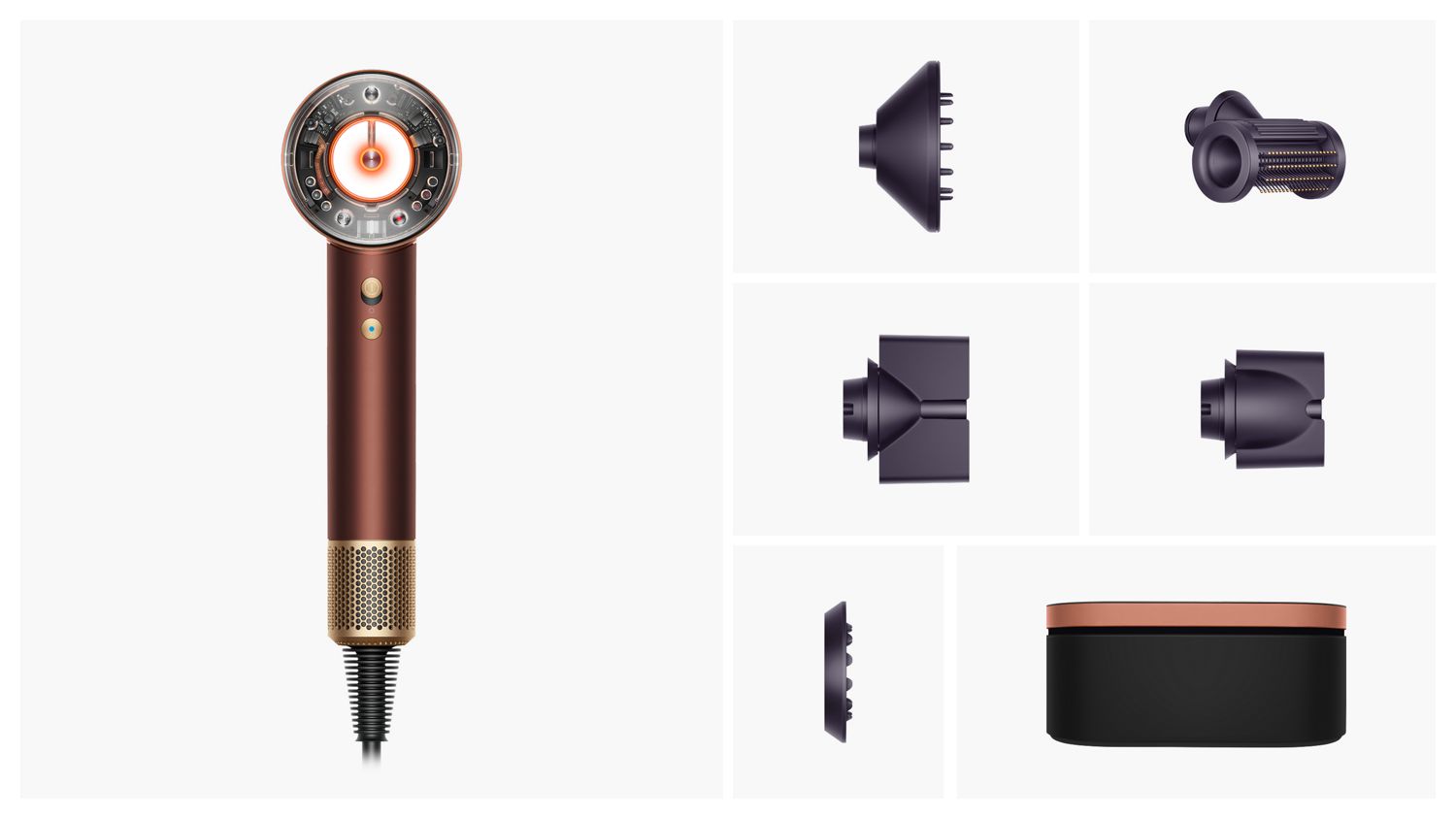 Dyson Supersonic Nural hair dryer with the attachments and accessories included in the box.