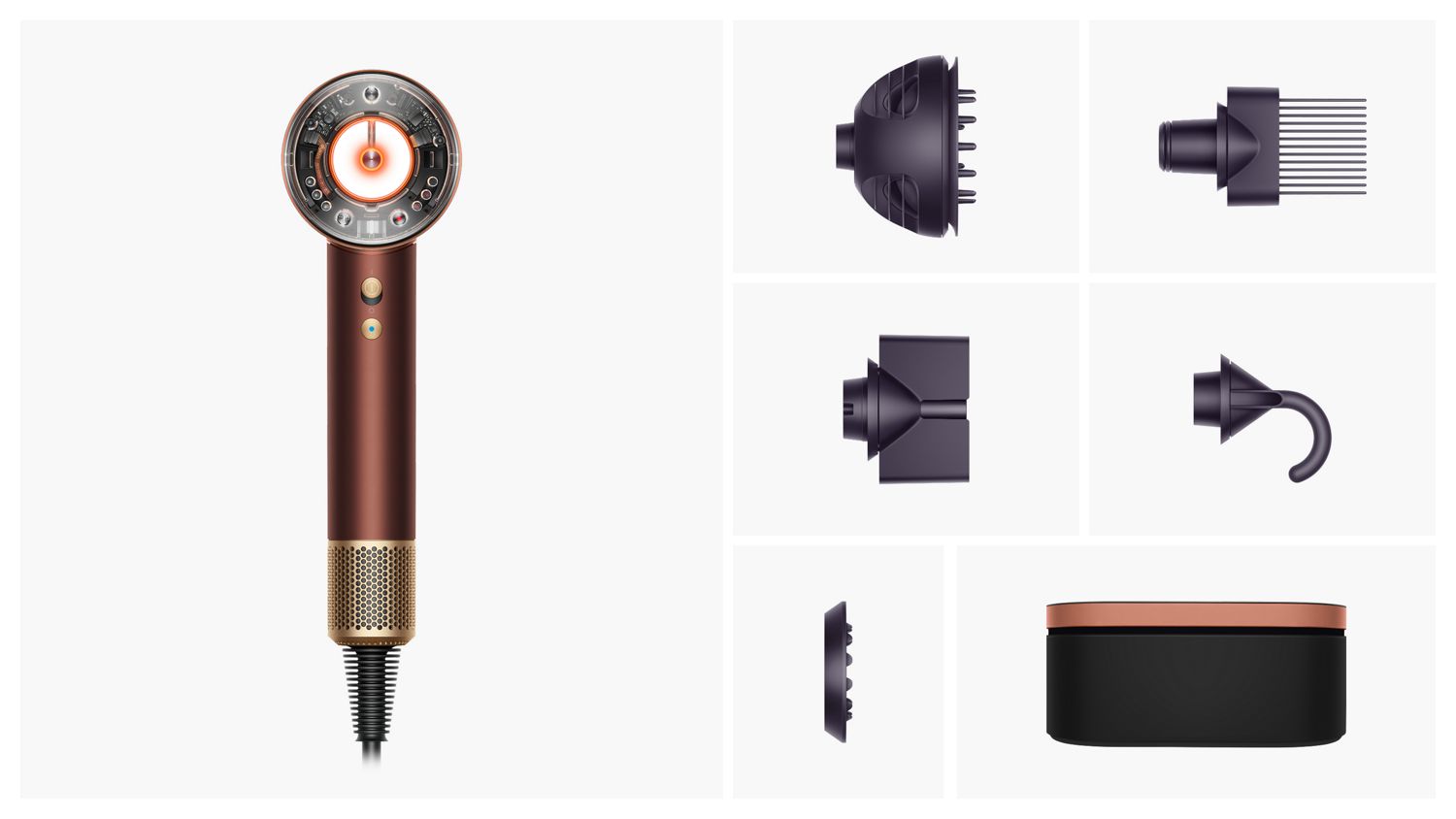 Dyson Supersonic Nural hair dryer with the attachments and accessories included in the box.