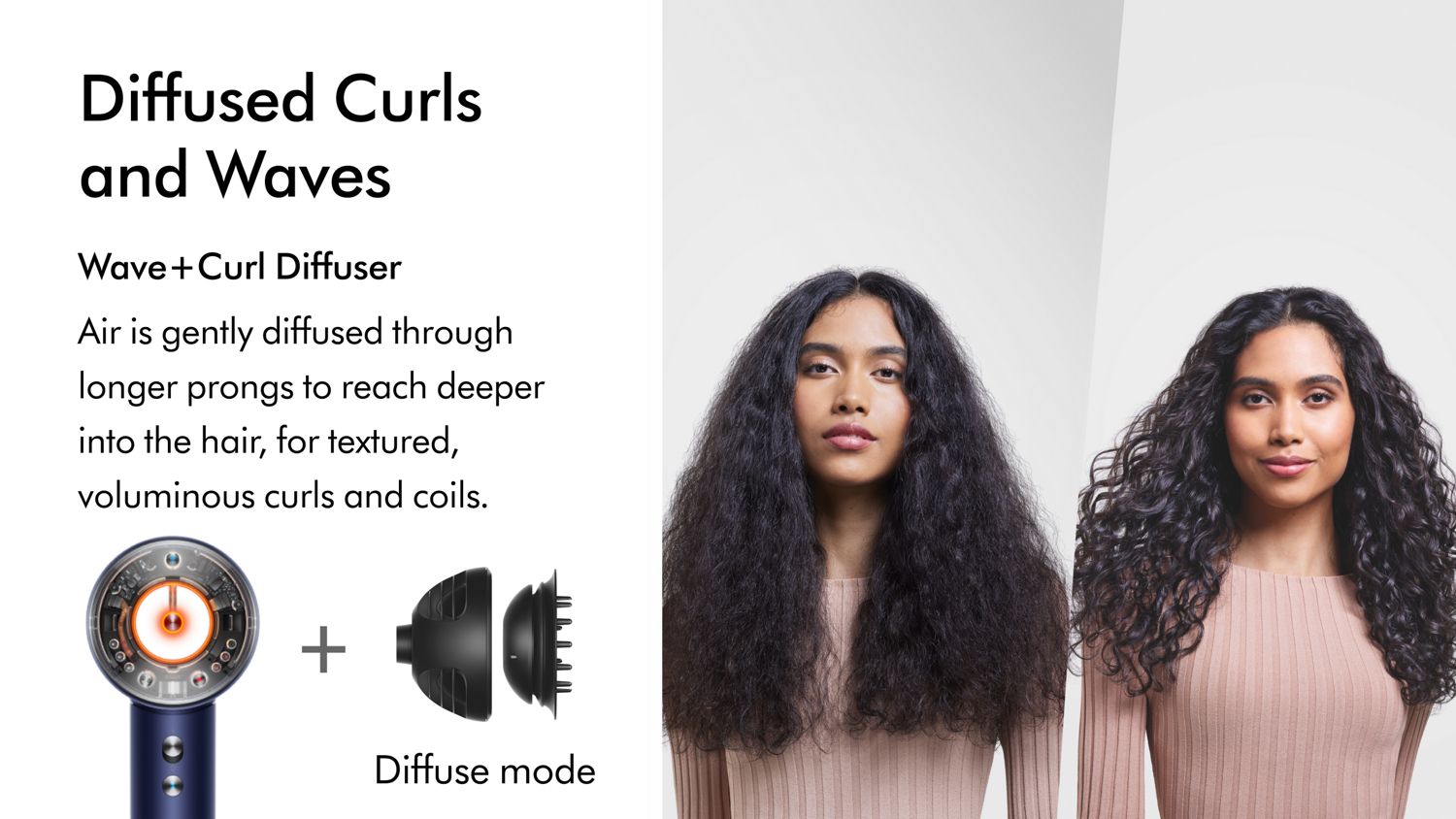 Before and after of curly hair styled with the Dyson Supersonic Nural hair dryer.