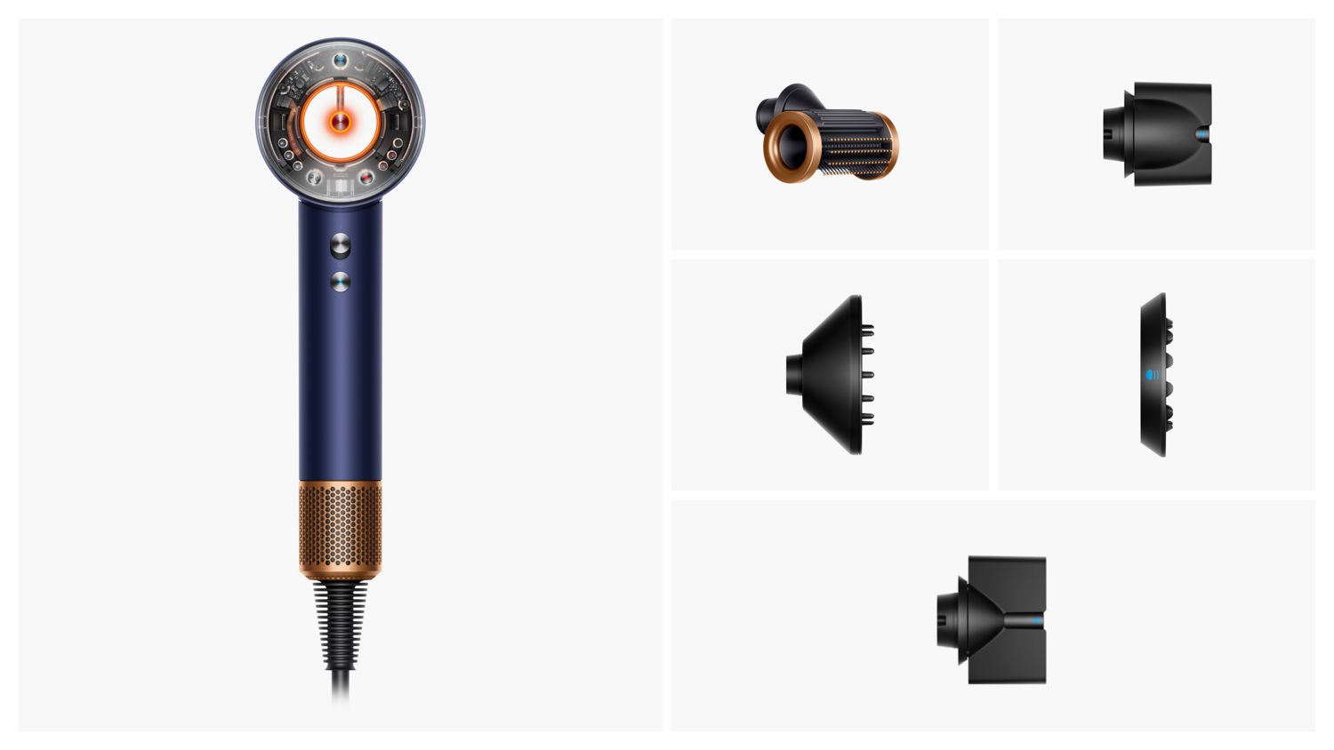 A model with straight, shoulder-length hair holds out the Dyson Supersonic Nural hair dryer.