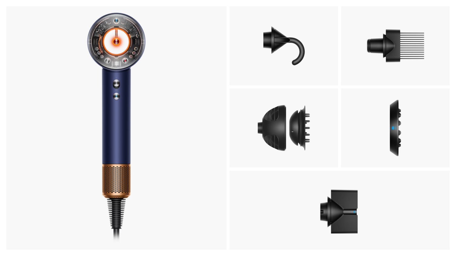 The attachments and accessories included in the box with the Dyson Supersonic Nural hair dryer.