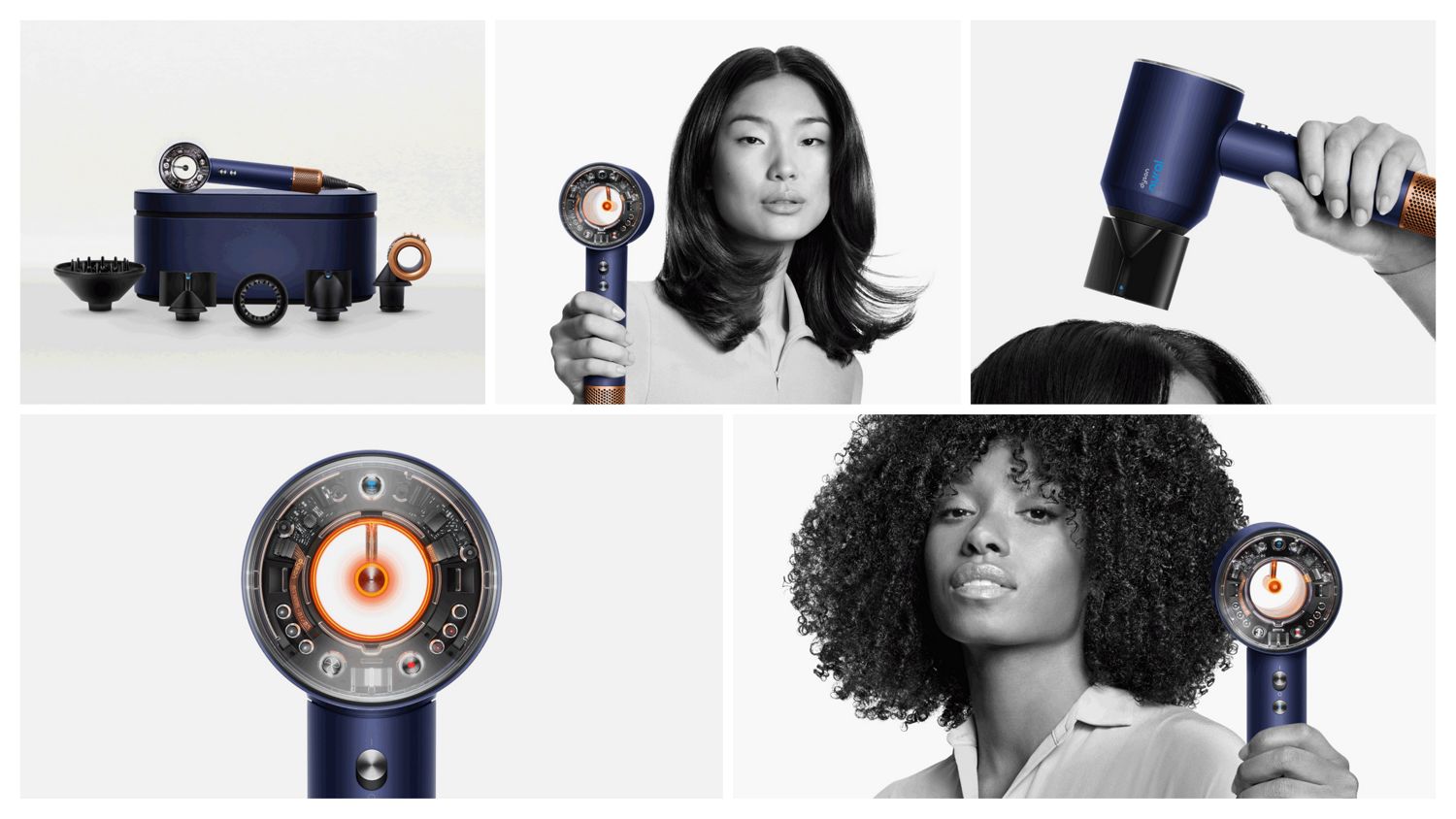 Collage of models styling their hair with the Dyson Supersonic Nural, the end-cap, accessories and presentation case.