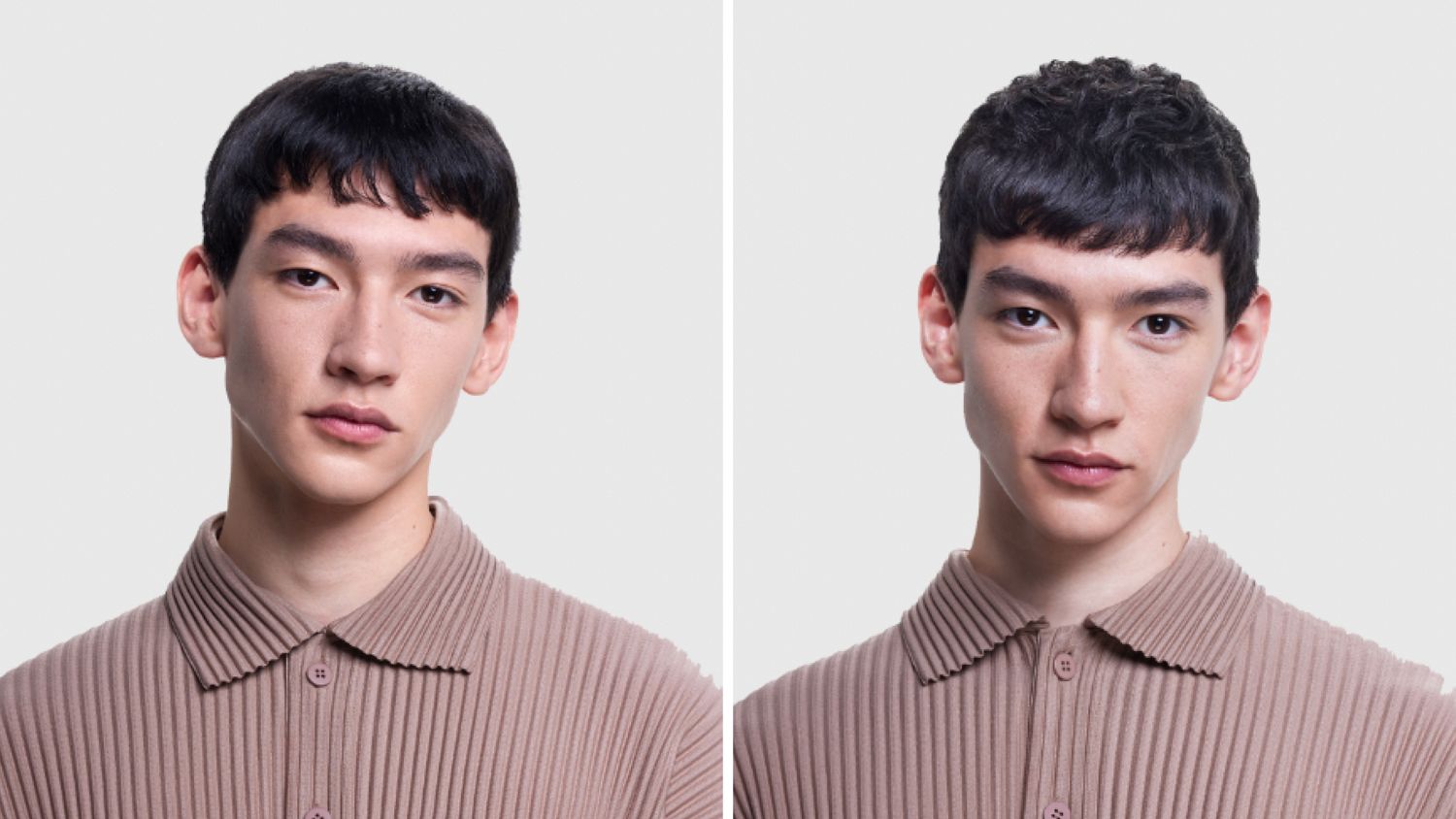 Before and after of a short textured crop styled with the Dyson Supersonic Nural hair dryer.