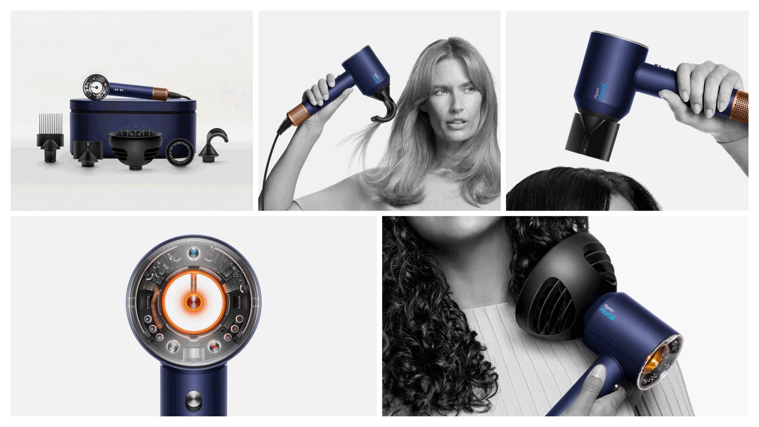 Collage of models styling their hair with the Dyson Supersonic Nural, the end-cap, accessories and presentation case.
