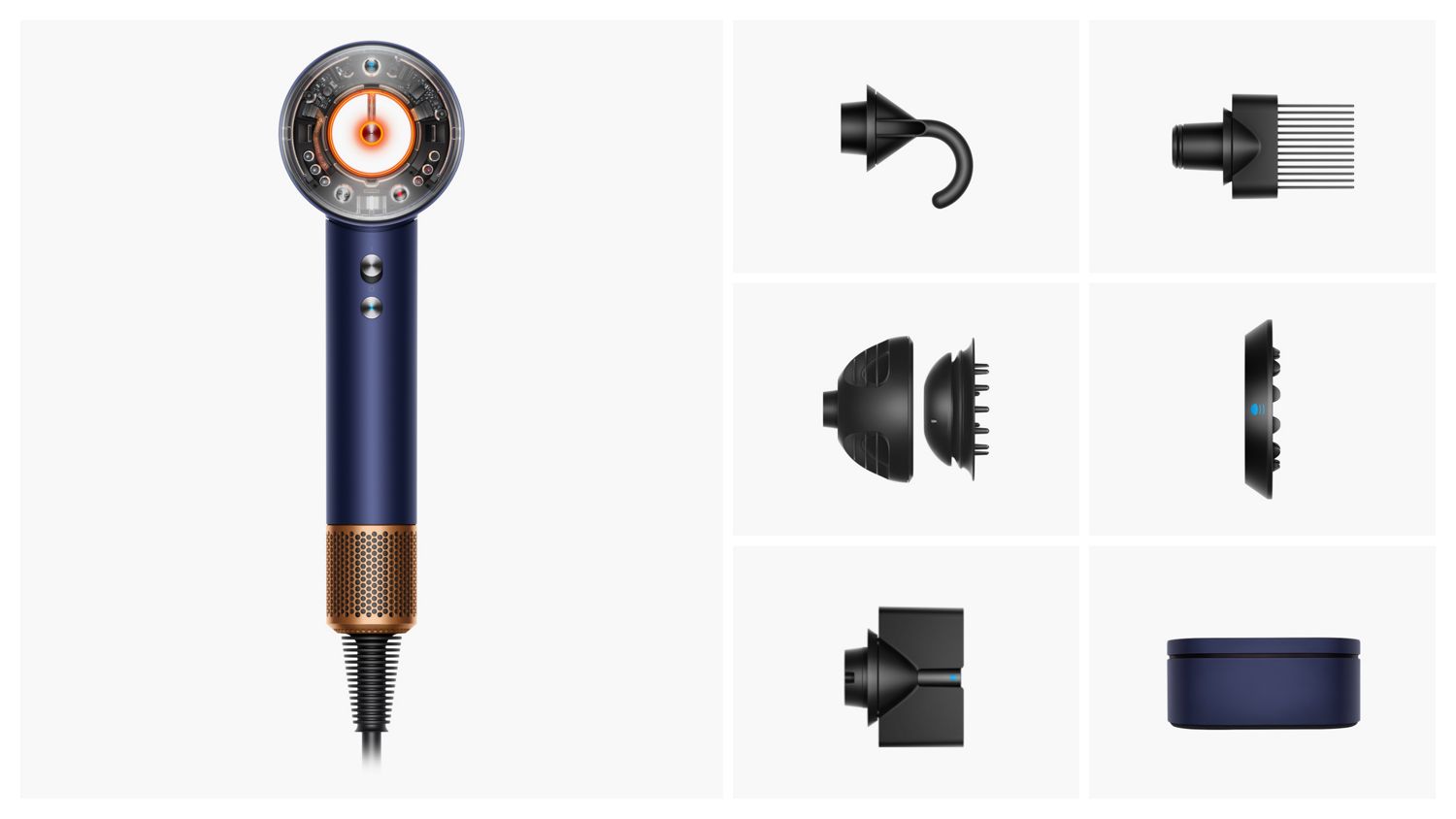 The attachments and accessories included in the box with the Dyson Supersonic Nural hair dryer.