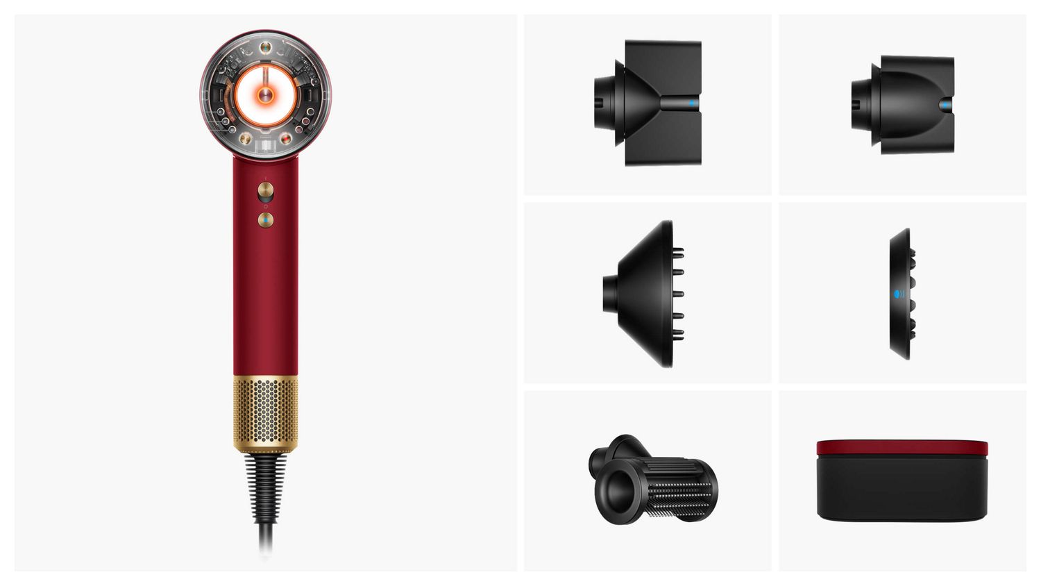 Supersonic Nural hair dryer with included attachments.