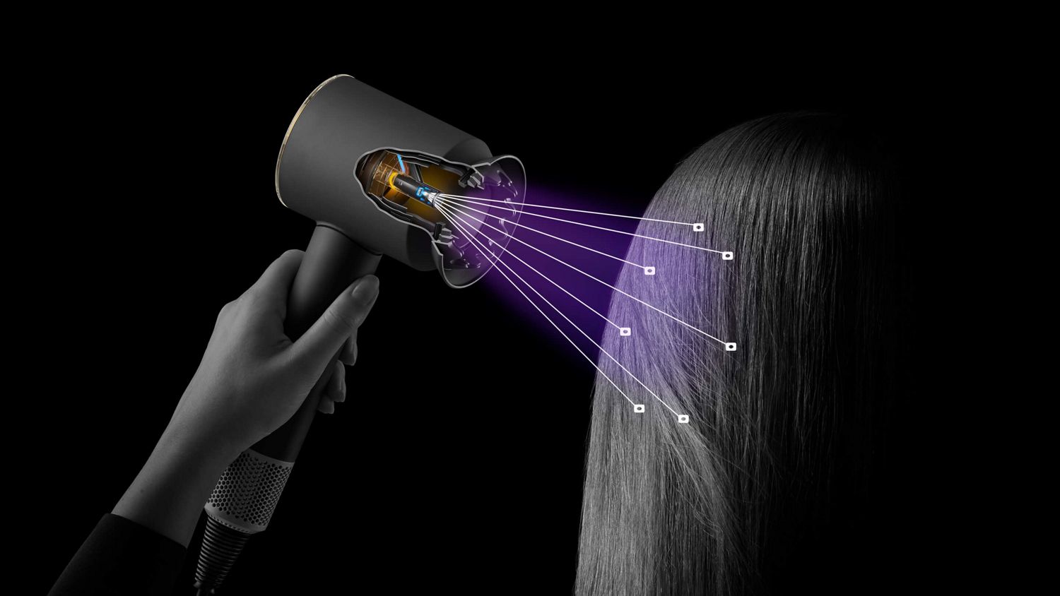 Model with long hair holding a Supersonic Nural hair dryer towards her hair with airflow directed towards her.