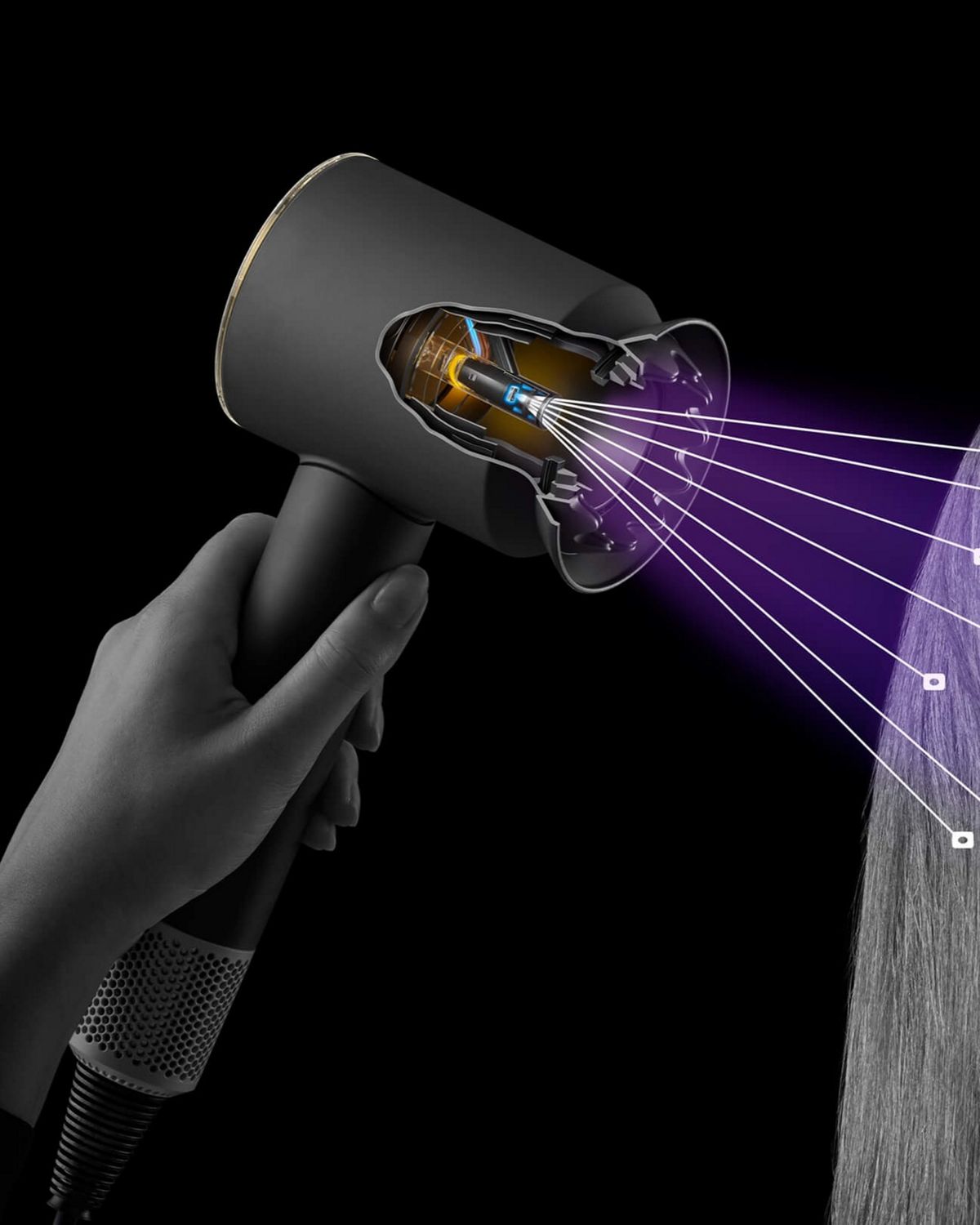 Model with long hair holding a Supersonic Nural hair dryer towards her hair with airflow directed towards her.