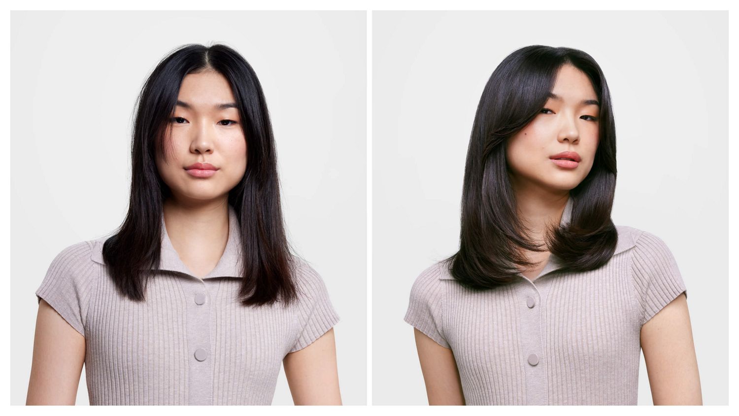 Before and after of model with long, styled hair.
