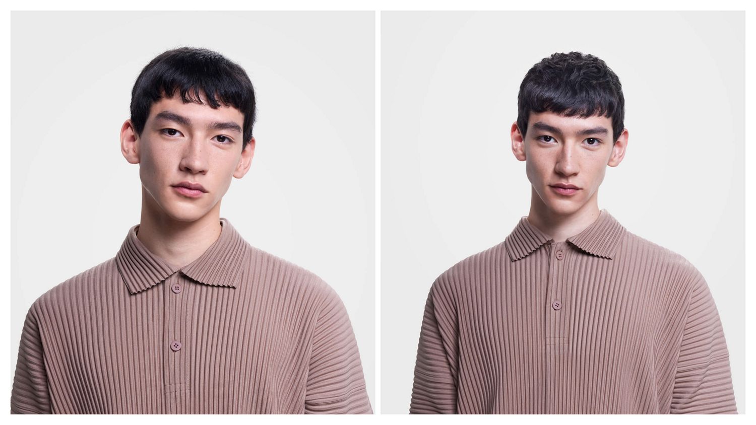 Before and after of model with short, styled hair.