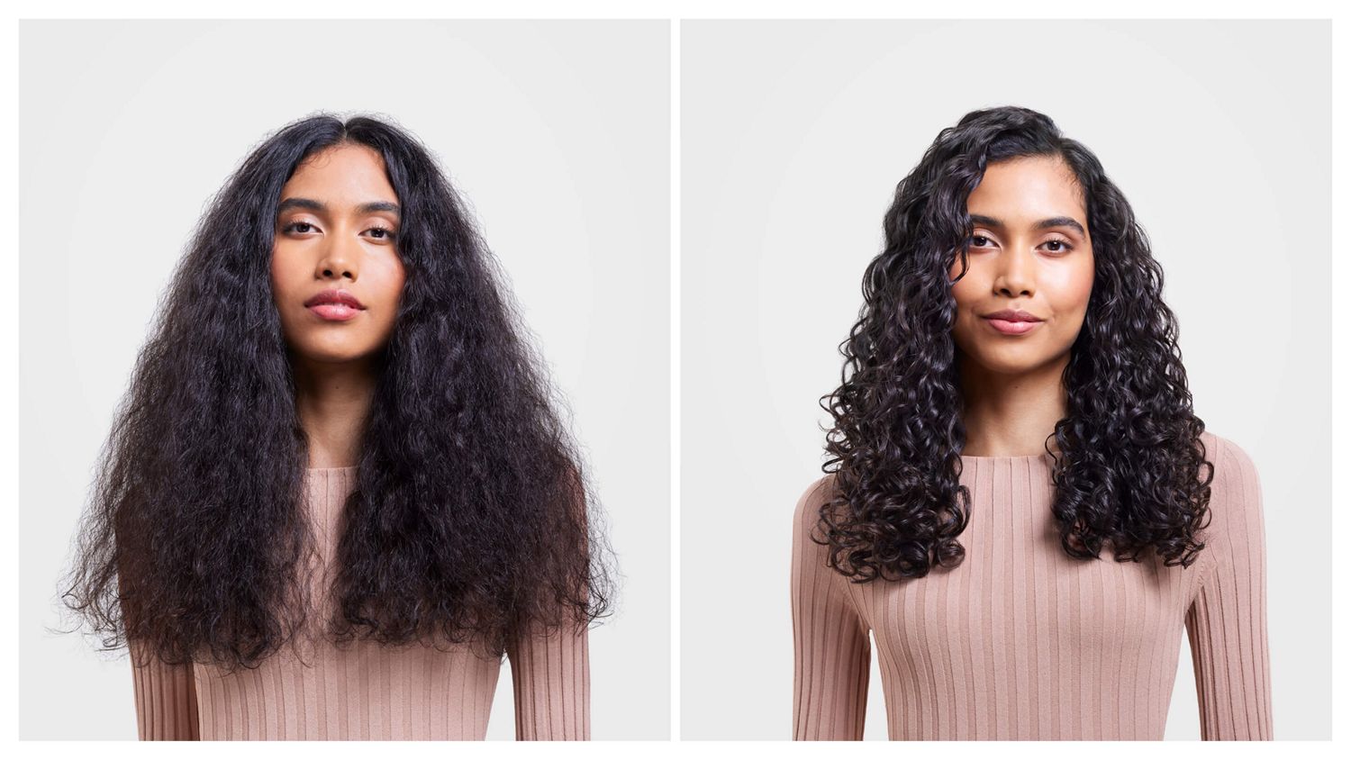 Before and after of model with long, styled hair.