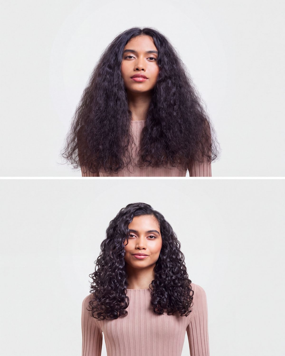Before and after of model with long, styled hair.