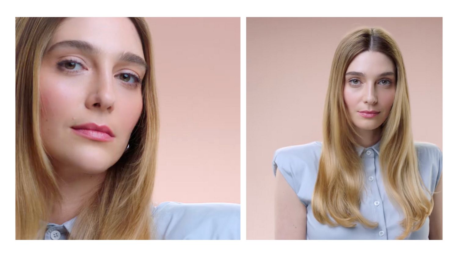 Before and after of a model with hair styled into a smooth blowout.