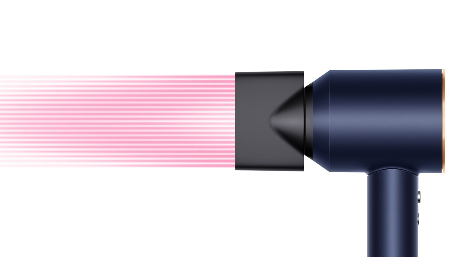 Pink graphics show the blade of air generated with the Dyson Supersonic Origin Styling concentrator.