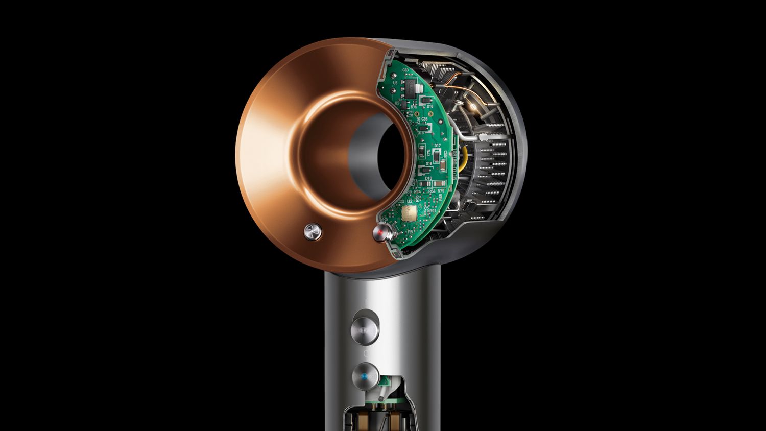 Cutaway shows the heat control technology within the Dyson Supersonic Origin hair dryer.