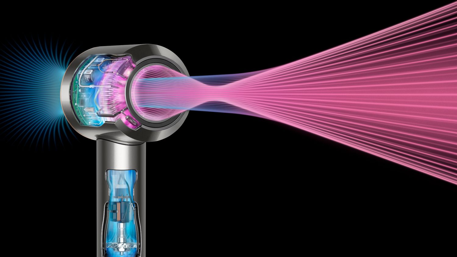 Pink graphics show the powerful airflow through the Dyson Supersonic Origin hair dryer.