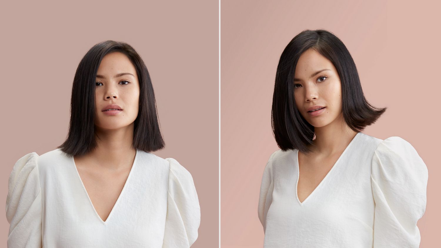 Before and after of a brunette model with her hair styled using the Dyson Supersonic r hair dryer.