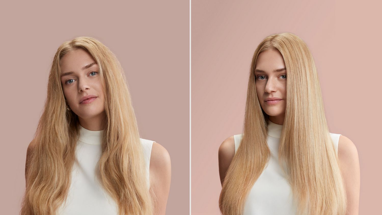 Before and after of a blonde model with straight hair styled into a glass hair blowout with Dyson products.