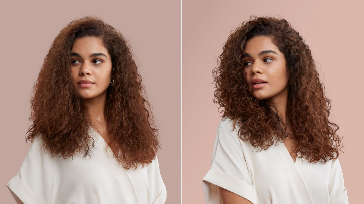 Model with curly and coily hair on the left before styling and she appears again on the right with styled hair.