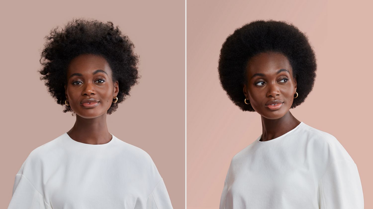 Model with coily hair on the left before styling and she appears again on the right with styled hair.