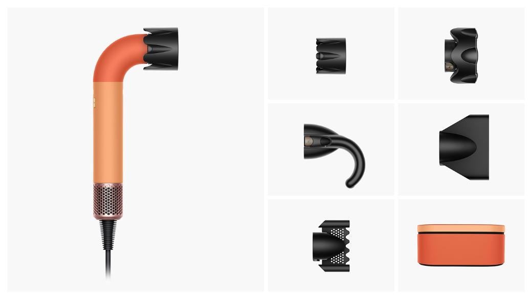 Dyson Supersonic r hair dryer with five attachments and a presentation case.