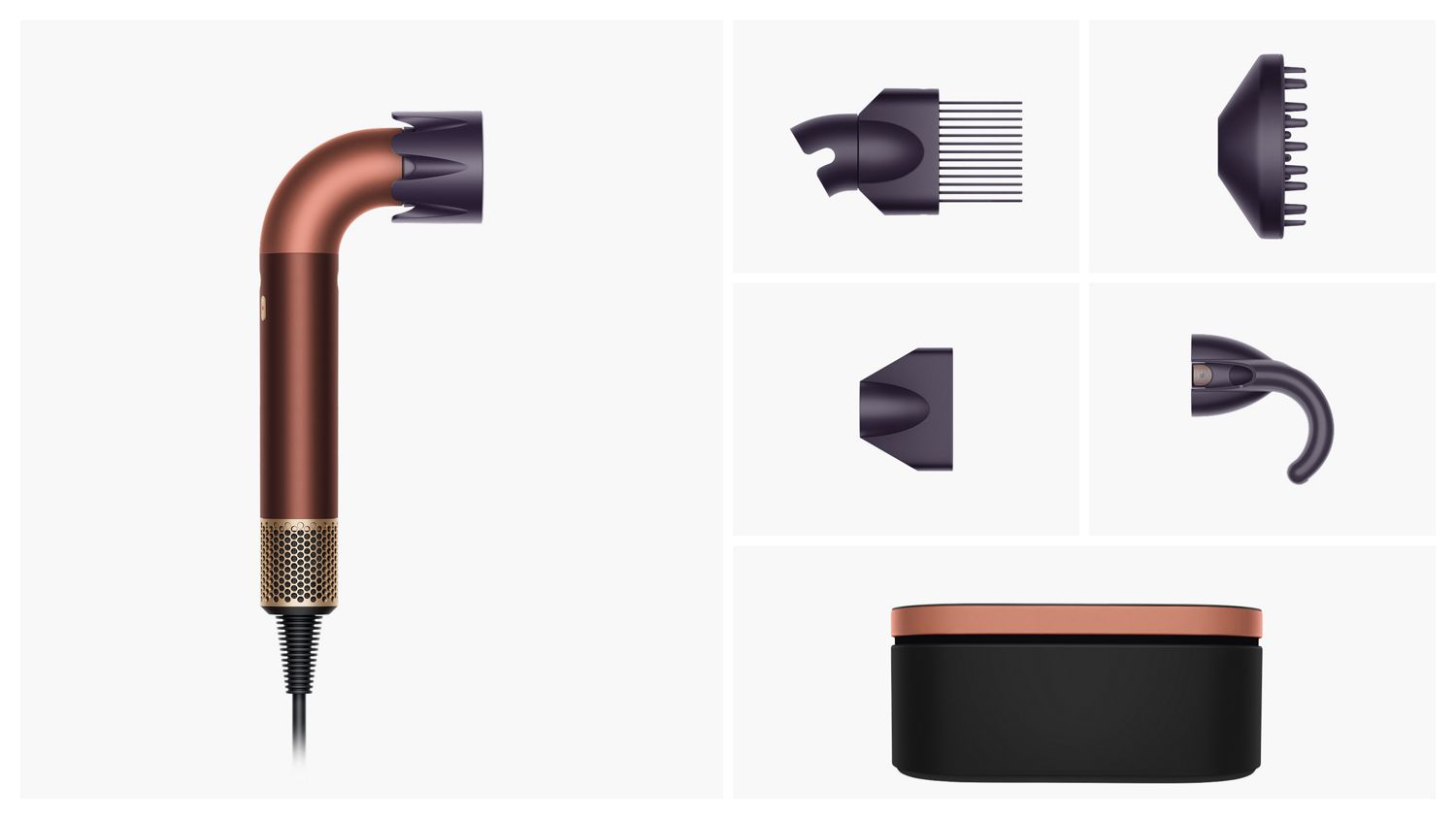Dyson Supersonic R hair dryer with the attachments and accessories included in the box.