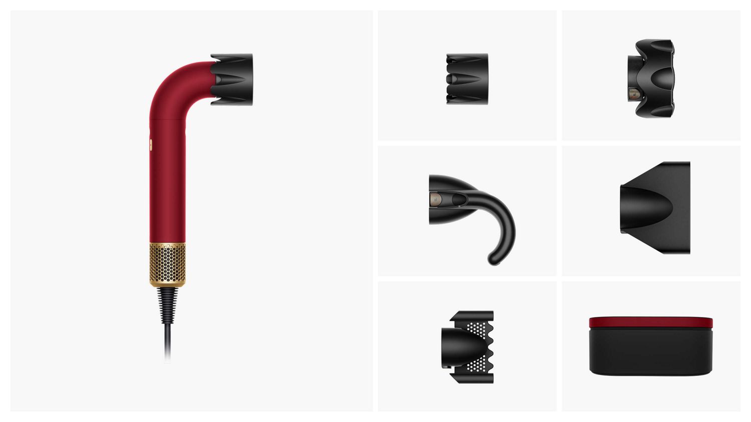 Dyson Supersonic r hair dryer with included attachments.