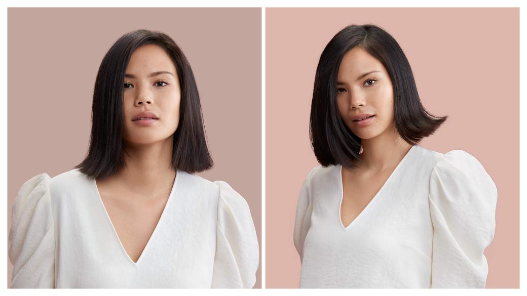 Model with straight hair on the left before styling and she appears again on the right with styled hair.